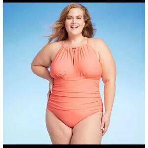 Kona Sol Women's High Neck Halter One Piece Swimsuit Tummy Control Coral Size 22